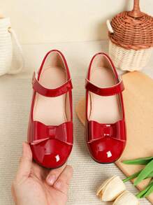 1 par de zapatos de niña con decoración de lazo, adecuados para otoño e invierno - Rojo - Ver 5