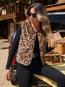 SHEIN VCAY Women's Open Front Pocketed Casual Leopard Print Cardigan Coat, Autumn/Winter,Back To School For Daily Wear,Fall Outfits,Commute,Minimalist,Office,Old Money,Simple,Teacher Clothes,Halloween Women Costumes,Thanksgiving Women Outfit,Fuzzy Leopard Print Cardigan Coat,Fleece Coat,Cow Print Vest