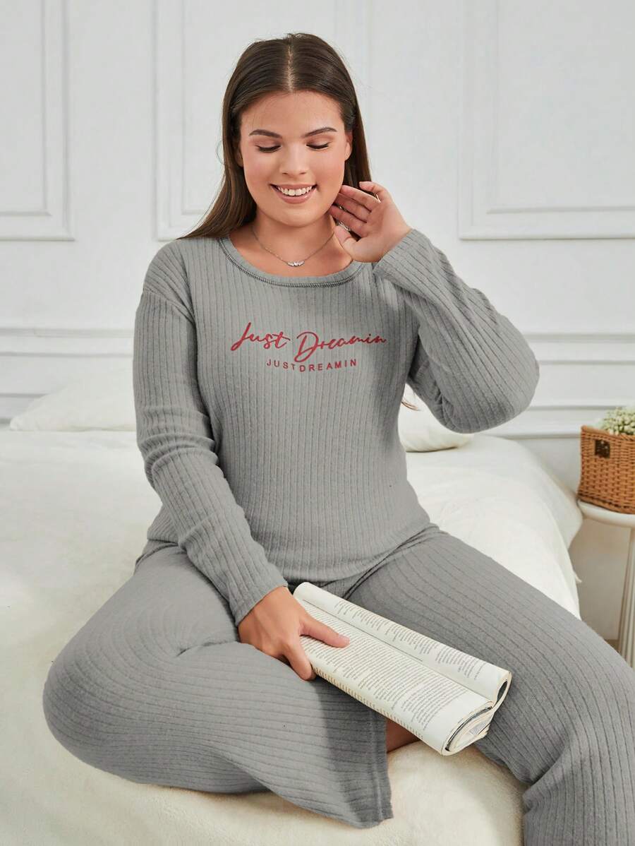 EURMUSE 100% Cotton 2Pcs Plus Size Injection Slogan Printed With Contrast Stitching Detail PJ Set - Grey - View 1