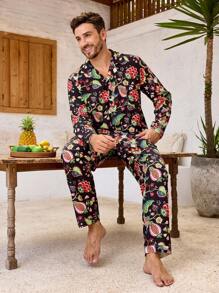 Manfinity ChillVibe Men's Full Floral Print Lapel Collar Button Up Long Sleeve Shirt And Pants Sleepwear Set - Rose Red - View 1
