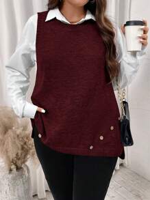 EMERY ROSE Plus Size Casual Solid Solid Color Pullover Mouwloos Knoopdetail Achterkant Trekkoord Los Hoog Laag Sweater Vest Herfst Dames Sweater Vesten,Western Dameskleding,Winter Sweater Vesten