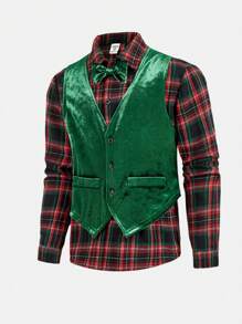 3pcs Tween Boy Christmas Green Velvet Vest, Shirt, And Pants Clothes Set, Gentleman Style Suitable For Holiday Party, School And Formal Occasions