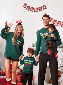 SHEIN Suéter ligero de cuello redondo con patrón bordado de temática navideña, estilo navideño elegante adecuado para fiesta de otoño/invierno, para bebé niño o niña - Verde - Ver 2