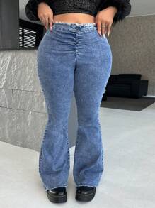 SHEIN ICON 大码蓝色紧身喇叭牛仔裤，性感街头风格 - 中等水洗藍 - 查看 4