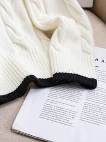 Tween Girl 纯白配黑条纹 V 领条纹麻花针织休闲毛衣，秋冬保暖，返校日穿 - 白色 - 查看 6