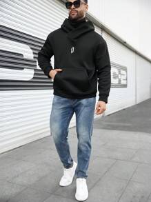 Manfinity Homme 大码男士休闲袋鼠口袋连帽衫，秋冬季外出字母长袖连帽衫，适合朋友、丈夫、男朋友的礼物