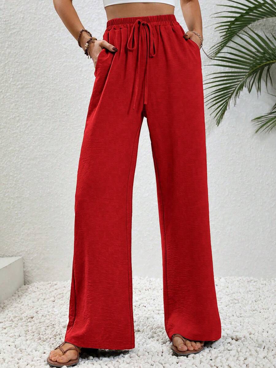 SHEIN LUNE 女士休闲纯色斜口袋阔腿裤新年衣服 - 紅色 - 查看 1