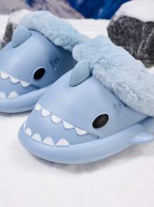 1 双儿童卡通鲨鱼拖鞋，适合男孩和女孩，柔软温暖的内衬毛绒室内鞋，适合秋冬季 - 藍色 - 查看 4