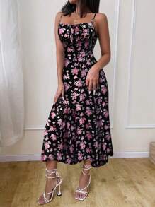 Pariaura 女士优雅系带前开襟碎花连衣裙 - 黑色 - 查看 3