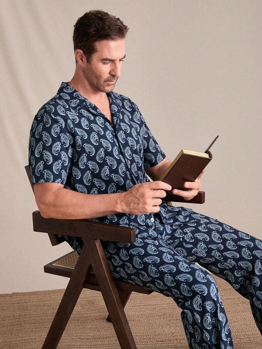EverLounge Men's Paisley Print Lapel Collar Short Sleeve Shirt And Pants Pajama Set