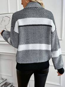 SHEIN LUNE Women's Commuter Contrast Stripe Turtleneck Chunky Knit Sweater