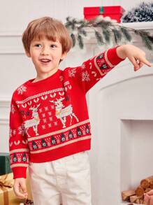 1piece 年轻男孩休闲学院风舒适时尚简约实用鹿绒材质搭配可爱圣诞图案厚实保暖圆领毛衣，适合男孩毛衣、儿童毛衣、儿童服装、年轻男孩服装、学校、返校、男孩服装、圣诞毛衣，适合日常、学校、户外、运动、秋冬季节适合秋冬季节，适合圣诞节，情侣贴身服装 - 紅色 - 查看 7