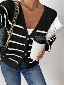 SHEIN Frenchy 女士休闲日常条纹纽扣前开衫，秋冬 - 黑色 - 查看 3