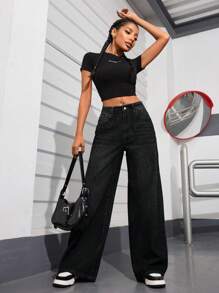 SHEIN PETITE 女士时尚百搭街头风格阔腿牛仔裤 - 黑色 - 查看 6