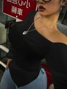 POPSWAY Plus Size Fashionable Solid Color Asymmetric Ruched Fitted Blouse - Black - View 4