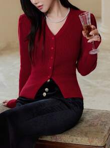 EastFlair 女士红色V领圣诞毛衣开衫，厚实柔软，收腰设计，高端，秋冬 - 紅色 - 查看 8