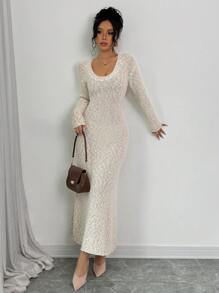 Chiquease Vestido de cuello alto con forro grueso, vestido elegante de encaje con parches, otoño - Albaricoque - Ver 5