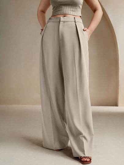 Anewsta Beige Plus Size Elegant & Fashionable Business Casual Ladies Trousers