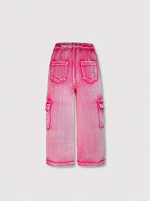 SHEIN Girls Casual Versatile All-Match Street Style Fashion Washed Comfortable Pink Denim Jeans Loose Straight Pants, Must-Have New Arrival 2024 - Hot Pink - View 2