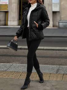 SHEIN Clasi Manteau court matelassé et chaud avec doublure thermique pour femmes, automne/hiver