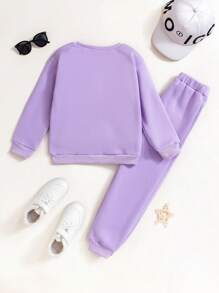 SHEIN 2 件套年轻女孩休闲运动字母压花羊毛运动衫和运动裤套装，适合秋冬季 - 紫色 - 查看 2