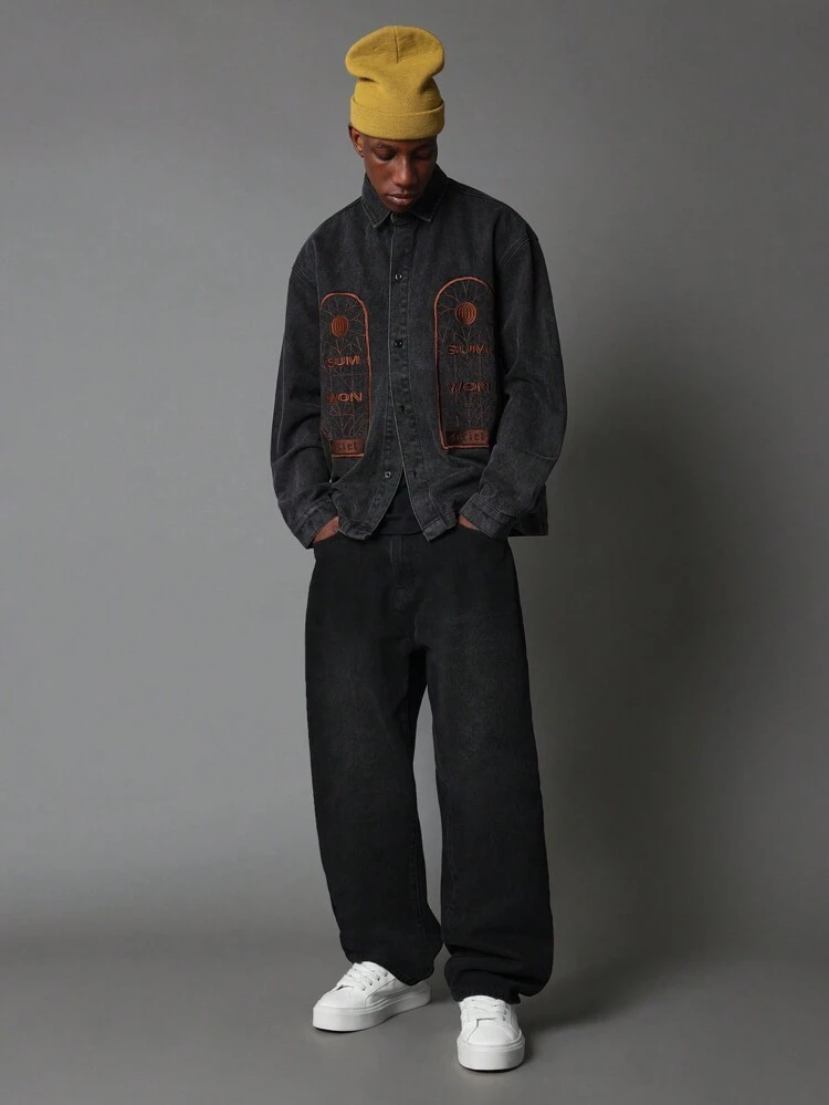 Camisa de mezclilla lavada con bordado, corte regular