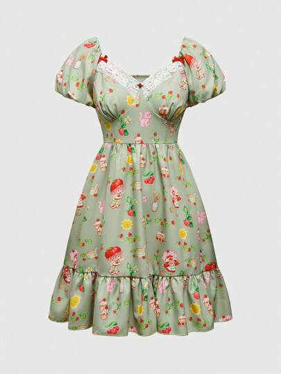 Vestido mini de verano con cuello de corazón, mangas abullonadas, estampado de dibujos animados y contraste de encaje en el torso, en estilo casual y lindo de campo para mujer