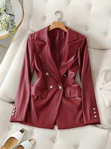 Chiquease 女士宽松 PU 皮革休闲西装外套 - 紅色 - 查看 1