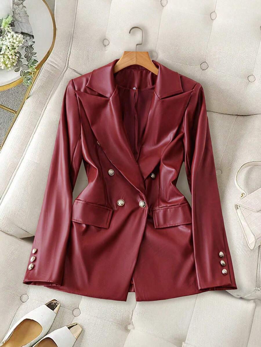 Chiquease 女士宽松 PU 皮革休闲西装外套 - 紅色 - 查看 1