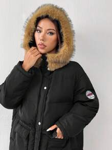 SHEIN EZwear 女士新款冬季字母拼接长袖连帽蓬松领加厚长款外套，超暖 - 黑色 - 查看 3