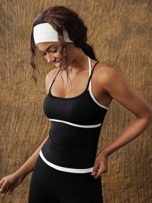 VARSITIE Fashionable And Simple Yoga Black And White Contrast Square Neck Spaghetti Strap Women's Sports T-Shirt & Top - Black - View 3