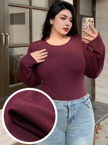 Dazy Plus Plus Size Solid Color Crew Neck Fitted Thermal Lined Long Sleeve T-Shirt Fall,Winter - Burgundy - View 1