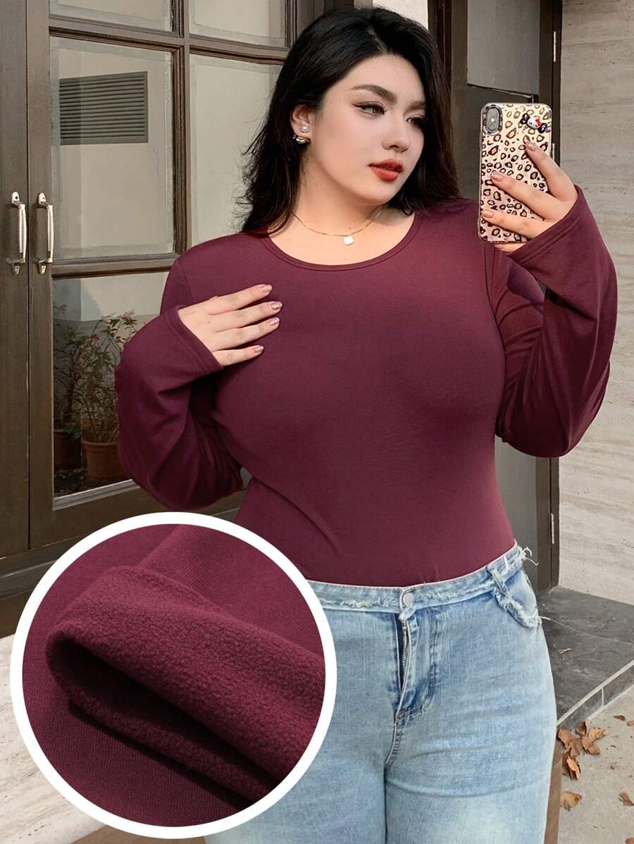 Dazy Plus Plus Size Solid Color Crew Neck Fitted Thermal Lined Long Sleeve T-Shirt Fall,Winter - Burgundy - View 1