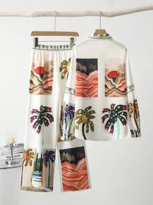 EMERY ROSE 2 Stücke Damen lässiges Urlaubsoutfit aus Hemd mit Knöpfen vorne und Hose, Herbst - Verschiedenfarbig - Übersicht 2