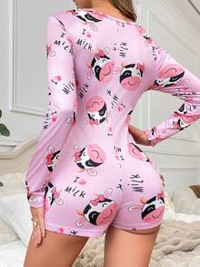 1pc Women Cute Cow Print One-Piece Short Pajama Romper - Multicolor - View 2