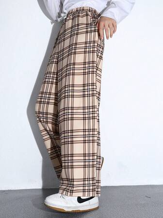 SHEIN PantsHub Tween 男童格子直筒裤，适合通勤、上学、休闲、校园郊游、体育活动、秋冬季