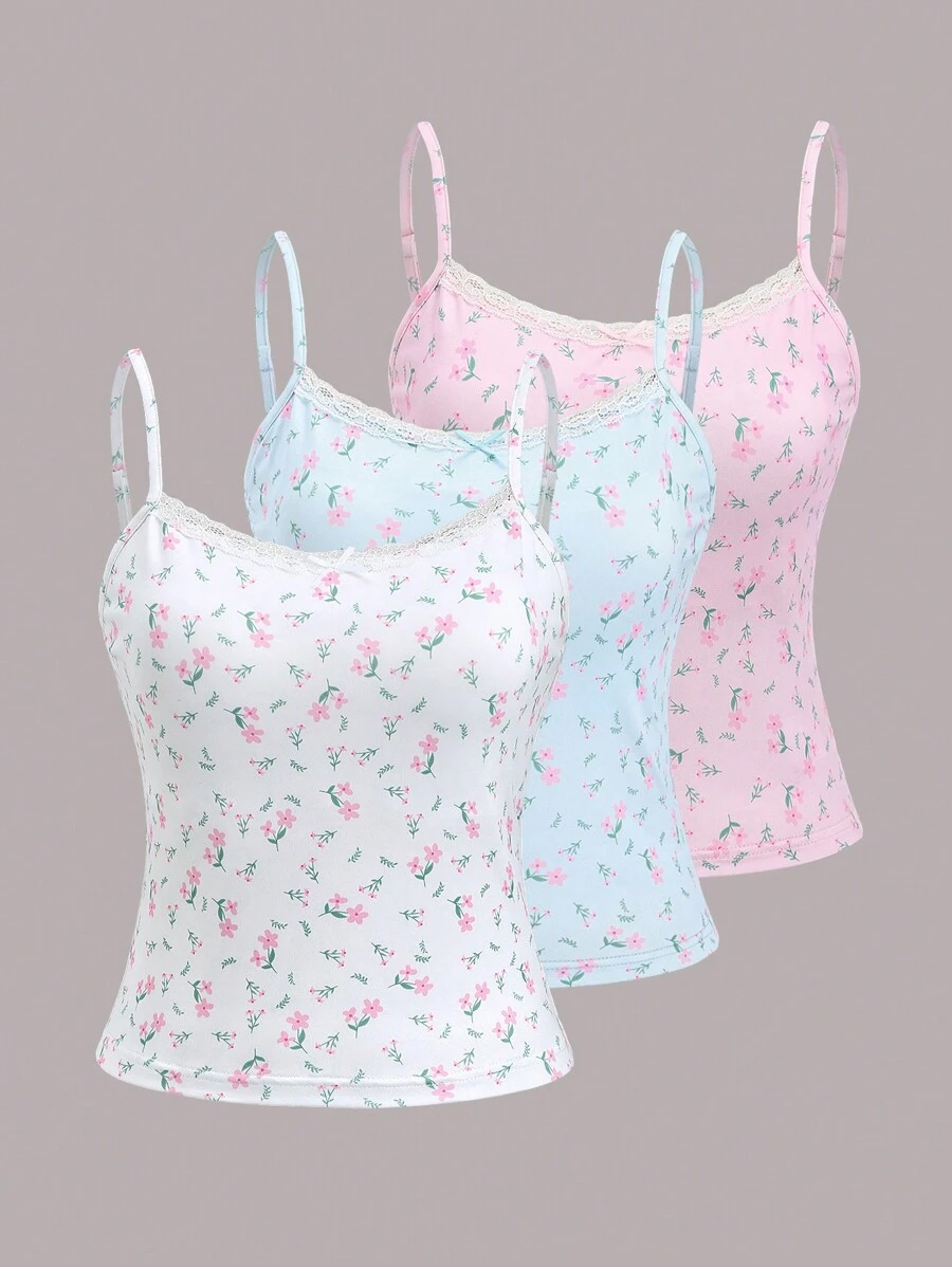 SHEIN Unity 夏季可爱碎花蕾丝边饰蝴蝶结吊带背心 - 彩色 - 查看 1