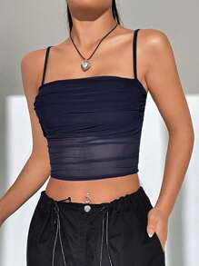 SHEIN EZwear ArmyGreen Summer Tops Solid Ruched Mesh Cami Top - Navy Blue - View 4
