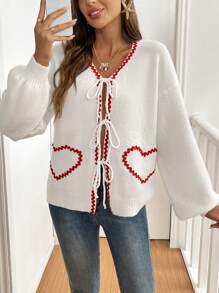 SHEIN Frenchy Women's Color Block Heart Tie Front Cardigan, Suitable For Autumn Winter Casual