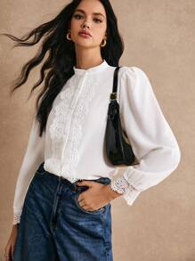Poéselle Contrast Guipure Lace Button Front Shirt - White - View 3