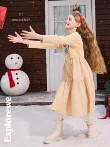SHEIN 1pc Tween Girls Christmas Cartoon Printed Dress, Spring Autumn, Casual City Style Mid-Length Dress For Christmas, Casual Outings And Home Wear