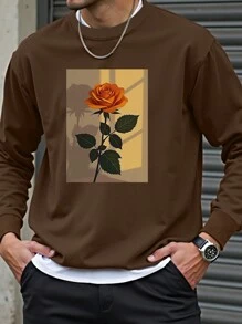 Manfinity Homme Áo nỉ chui đầu cổ tròn in hoa cỡ lớn cho nam tay dài họa tiết kỳ nghỉ hoa hồng, quà tặng cho bạn bè, chồng, bạn trai - Cà phê nâu - Xem 1