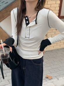 DAZY 女士圆领拼色休闲内衣 T 恤，秋季