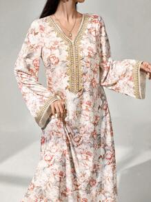 Al Najma Women's Floral Print, Crochet Patchwork, Long Sleeve Dress, Modest Elegant A Line Kaftan & Jalabiya Dress, For Evening Party/Wedding Guest/Anniversary/Daily Wear - Khaki - View 5