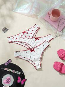 Snug Zone 3pack Heart Print Lettuce Trim Bow Front Panty Set Bow Tie
