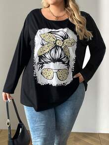 SHEIN CURVE+ Áo thun dài tay in hình nhân vật hoạt hình cỡ lớn cho nữ, Xuân Thu - màu đen - Xem 8