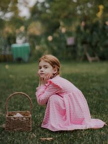 SHEIN Young Girl Pink Elegant Cap Sleeve Jacquard Pattern Dress,Flower Girl Fairy Style For Birthday Party,Autumn New Year Gift,Daily Outdoor Fashionable - Purple - View 8