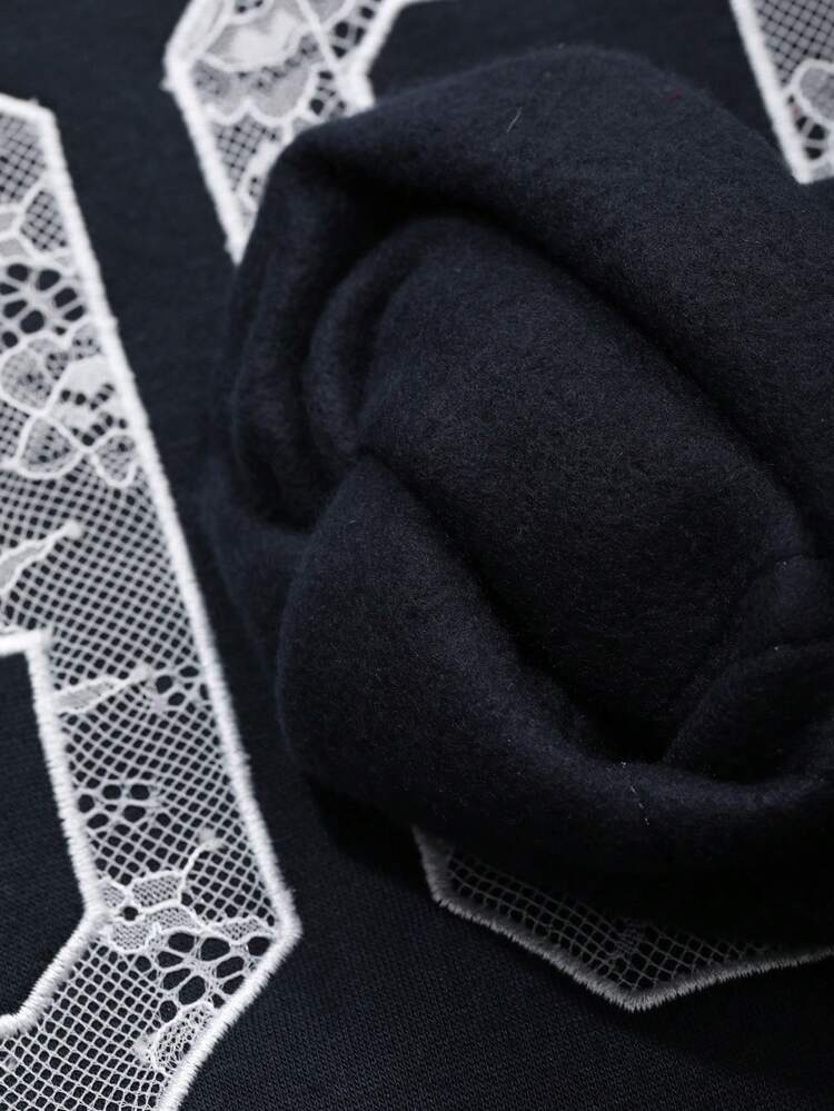 Women Casual Contrast Lace Embroidery Number Pattern Twist Strap Asymmetrical Neck Loose Sweatshirt,Fall Clothes