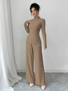 Elenzga 3-Piece Set: Ribbed Knit Turtleneck Dress & Wide Leg Pants, Color Block - Brown - View 6