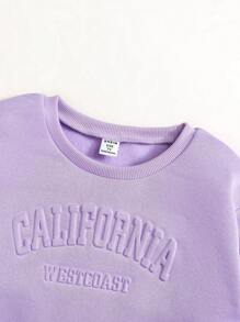 SHEIN 2 件套年轻女孩休闲运动字母压花羊毛运动衫和运动裤套装，适合秋冬季 - 紫色 - 查看 7